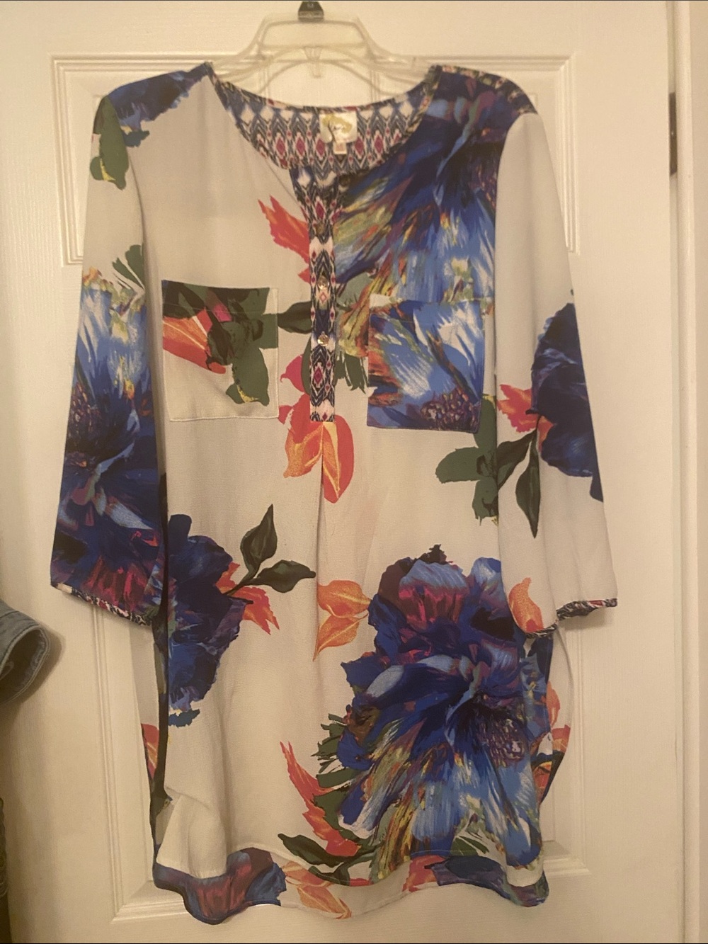 fig and flower Multicolor Floral V-Neck Tunic in Blue and White